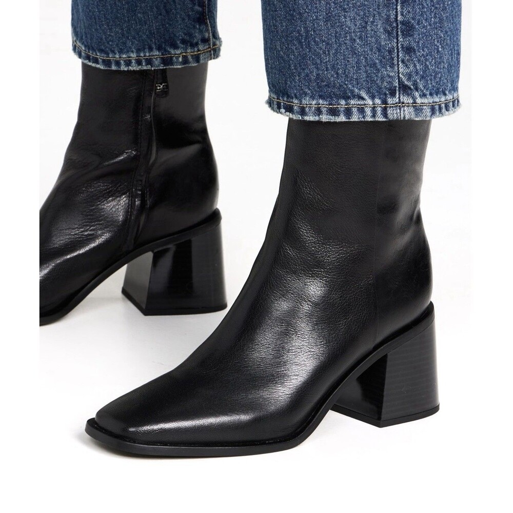 Sam Edelman Winnie Boots Women's 7M  Black Goat Leather Block Heel Side Zip NWOT